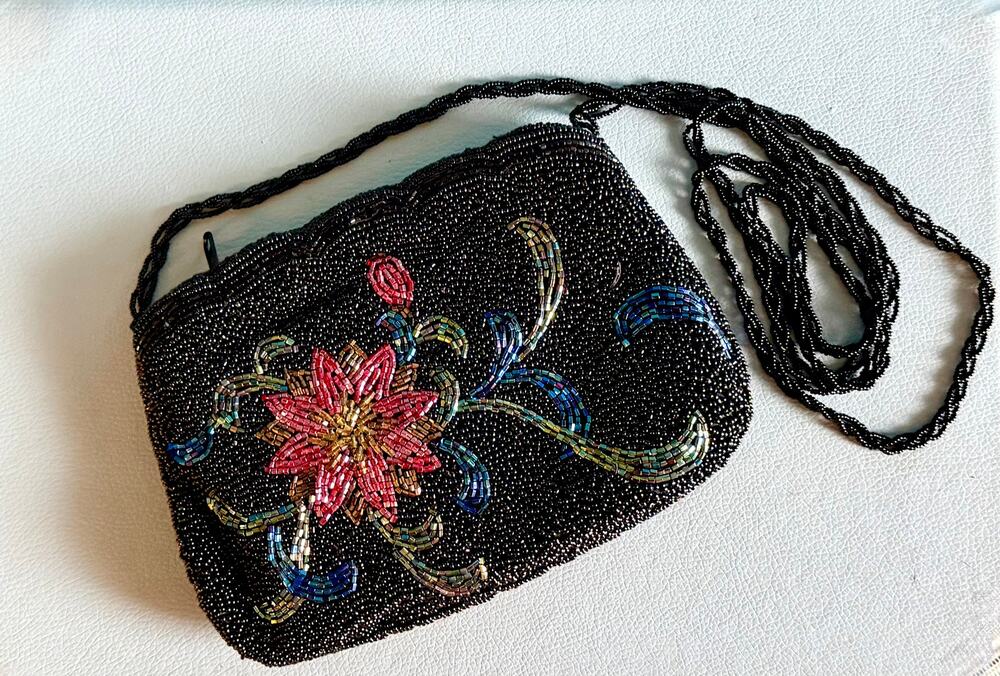 Vtg 80s Black Beaded Crossbody Pouch Bag Floral Pink Blue Bugle Bead Clutch